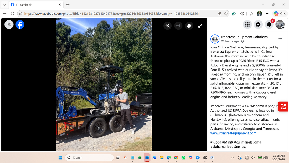 Nashville customer with his dog beside a blue Rippa R15 ECO mini excavator at Ironcrest Equipment Solutions in Cullman, Alabama