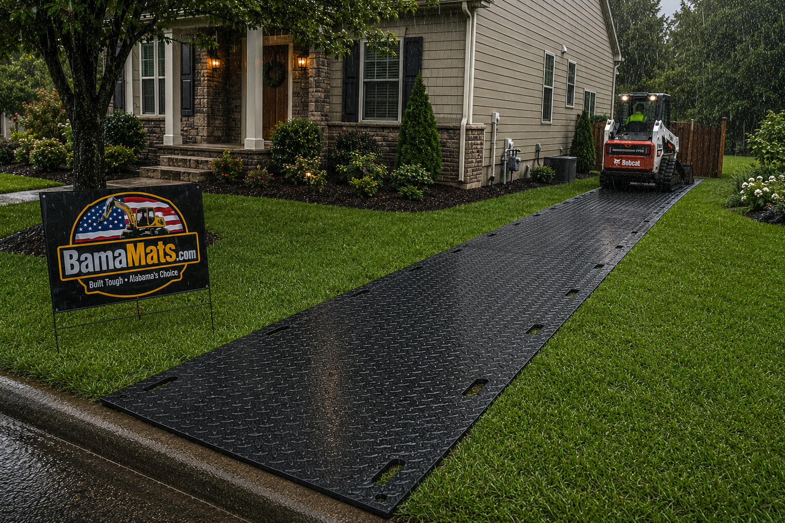 BamaMats 4x8 HDPE ground protection mat protecting residential lawn in rain during skid steer operation