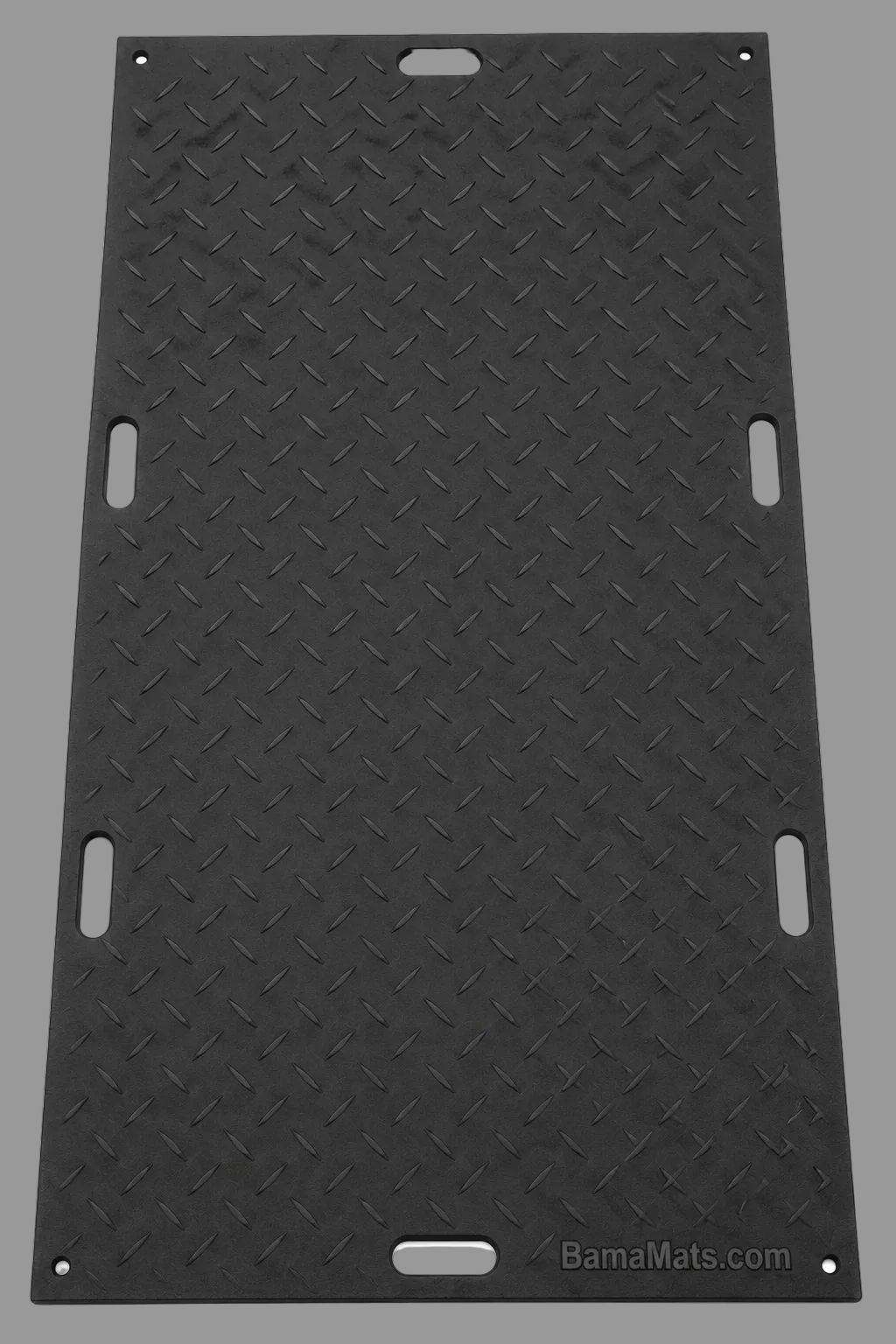 Black diamond plate mat with mounting holes on a white background